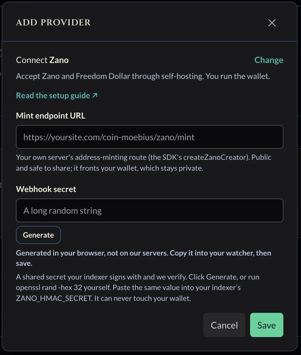 Zano connect form with the Mint endpoint URL and Webhook secret fields