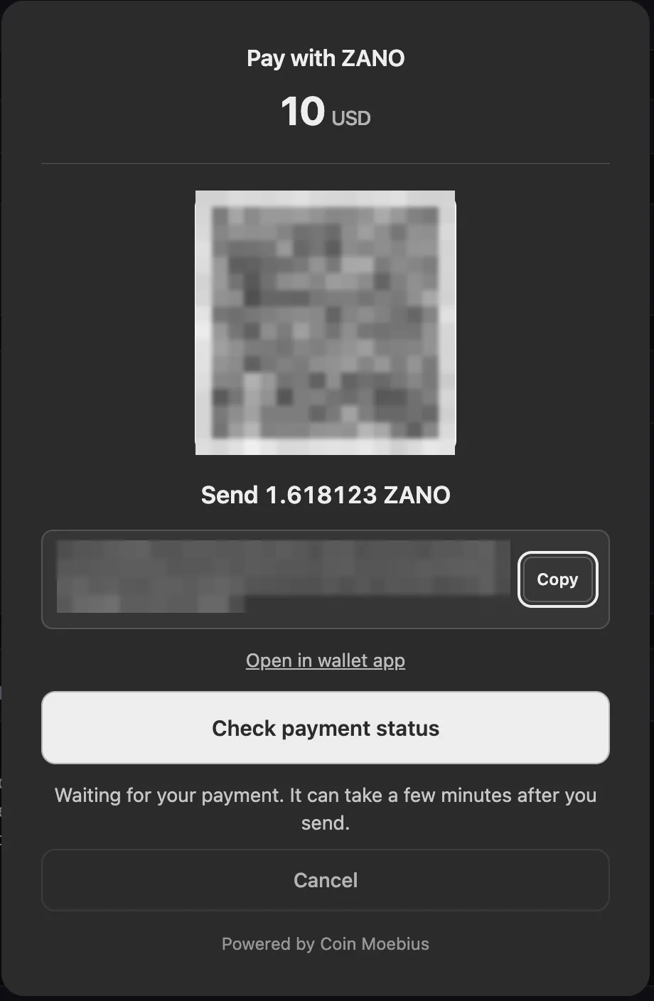 Buy window with Pay with Zano, a QR code, the address, and the amount