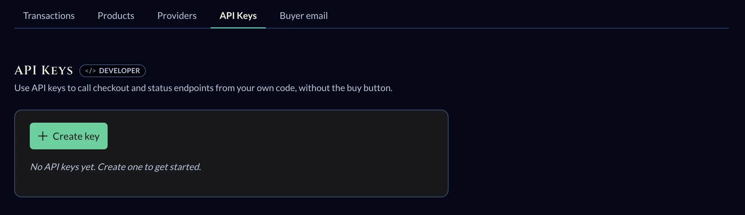 The API Keys tab with a Create key button and an empty state.