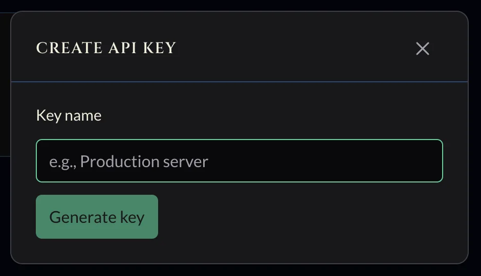 Create API key dialog with a Key name field and a Generate key button.