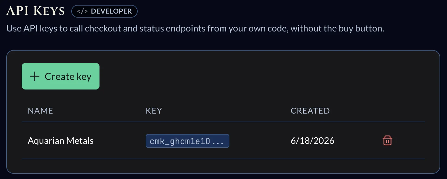 API keys list showing a key’s name, masked key prefix, created date, and a delete icon.