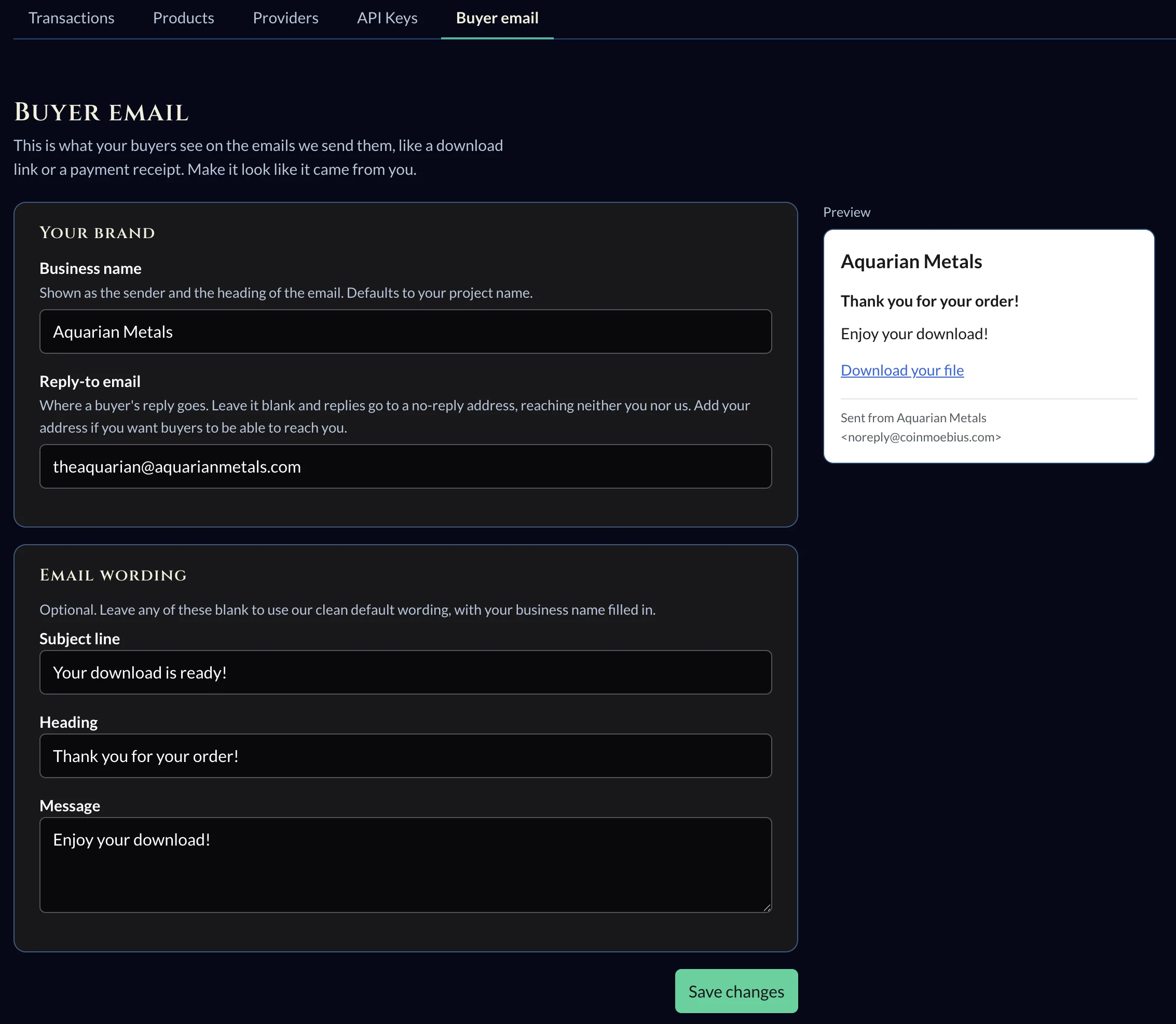 The Buyer email tab: Your brand and Email wording forms on the left, a live email preview on the right.