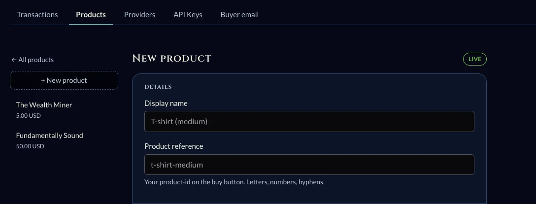The Products tab: a list of products on the left and the New product form on the right.