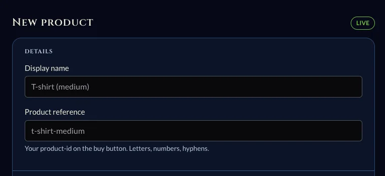 Product details form: Display name and Product reference fields.