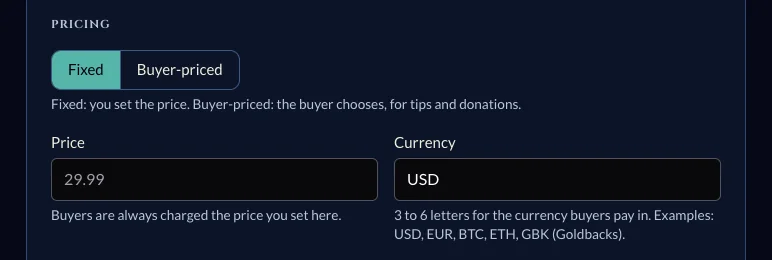 Pricing section: a Fixed / Buyer-priced toggle, a Price field, and a Currency field.