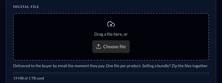 Digital file uploader with a drag-and-drop area and a storage-used meter.