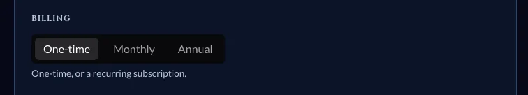 Billing toggle with One-time, Monthly, and Annual options.
