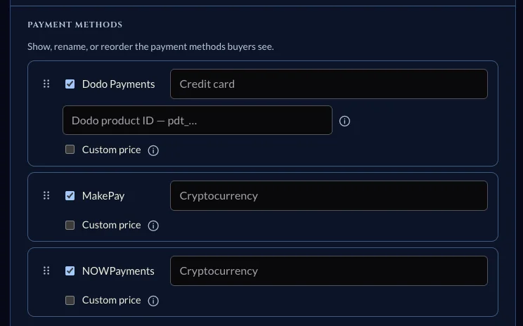 Payment methods list with checkboxes, drag handles, label fields, and per-method custom price toggles.