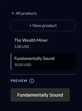 Product list sidebar with a live preview of the buy button.