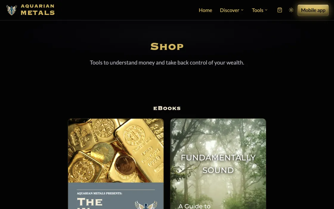The Aquarian Metals shop page, selling from its own site with a Coin Moebius buy button